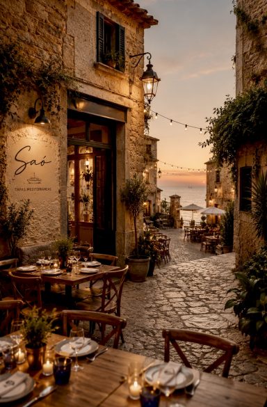Restaurant amb terrassa a la Costa Brava Fotografia professional d’un restaurant amb terrassa exterior en un carrer empedrat, ambient mediterrani i llum de capvespre a la Costa Brav
