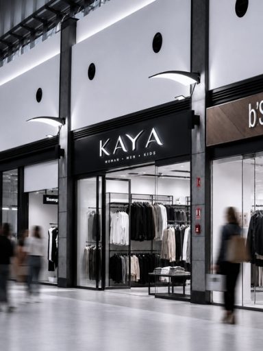 Botiga de moda en centre comercial Fotografia professional d’una botiga de moda en un centre comercial, amb aparador modern, façana elegant i clients en moviment.