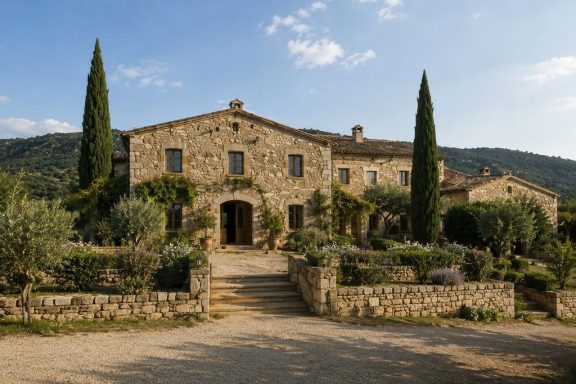Masia catalana de pedra a Girona Fotografia immobiliària professional d’una masia catalana de pedra amb jardí mediterrani, xiprers i entorn natural a Girona i Costa Brava