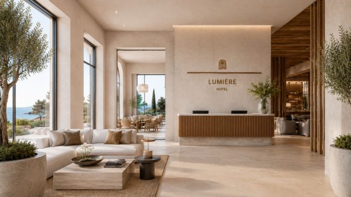 Interior d’hotel amb recepció elegant Fotografia professional d’interior d’hotel amb recepció elegant, llum natural, decoració mediterrània i espais cuidats a Girona i Costa Brav