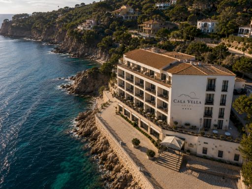 Hotel amb vistes al mar a la Costa Brava Fotografia professional d’un hotel a primera línia de mar amb vistes a la Costa Brava, arquitectura mediterrània i entorn natural.